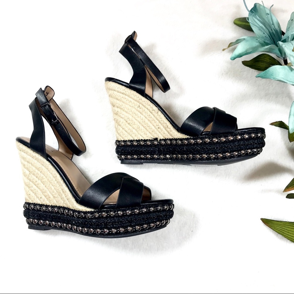 Black Studded Espadrilles Wedge Sandals - Picture 4 of 5